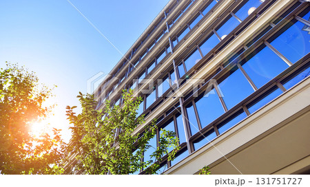 Glass office building surrounded with green trees.  Eco-friendly office building. Sustainable architecture of city reducing heat carbon dioxide modern city environment. 131751727