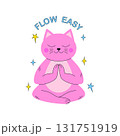 Pink cartoon cat in a meditative pose with the text Flow Easy. 131751919