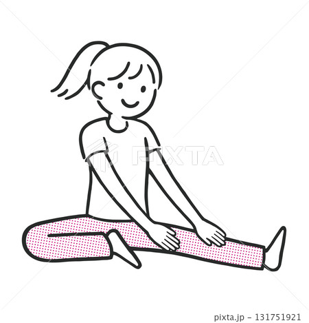 開脚ストレッチをする若い女性のシンプルな線画イラスト 131751921