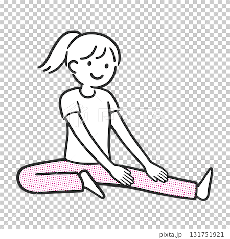 開脚ストレッチをする若い女性のシンプルな線画イラスト 131751921