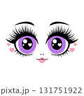 Cartoon face with large violet eyes, long eyelashes, and pink hearts on the cheeks. 131751922