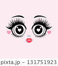 Cute cartoon doll face with large eyes, long eyelashes and red lips 131751923