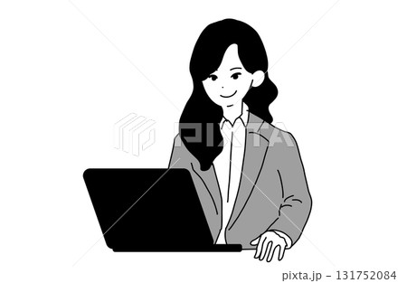 手描き モノクロ線画 パソコンを使うスーツの女性 手描き モノクロ線画 パソコンを使うスーツの女性 131752084