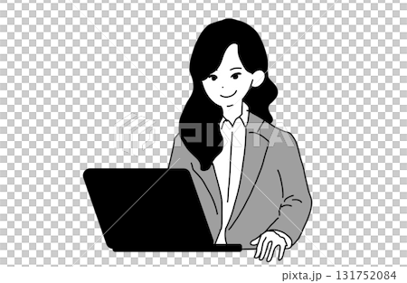 手描き モノクロ線画 パソコンを使うスーツの女性 手描き モノクロ線画 パソコンを使うスーツの女性 131752084