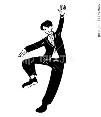 手描き　モノクロ線画　シュールなポーズをとるサラリーマン 131752085