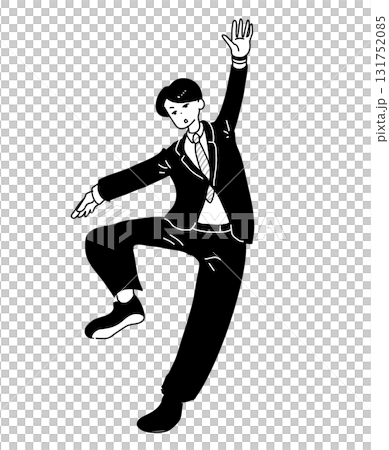 手描き　モノクロ線画　シュールなポーズをとるサラリーマン 131752085