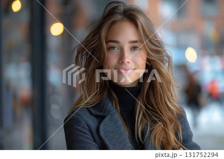 Portrait of a beautiful young woman smiling and looking at camera. Woman portrait 131752294