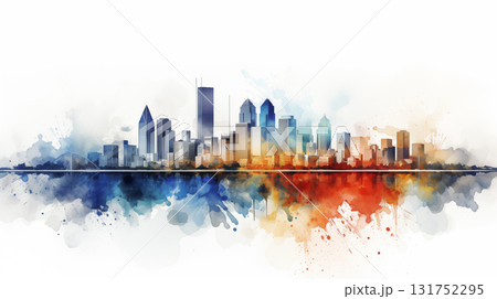 A watercolor painting of a cityscape. Vibrant cityscape with watercolor accents 131752295