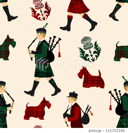 Seamless pattern Scottish musicians with bagpipes Scotch Terrier Thistle Robert Burns Night 25th January, United Kingdom Scotland 131752380