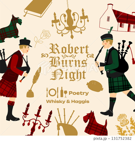 Robert Burns Night 25th January, United Kingdom Scotland background vintage invitation illustration a musicians with bagpipes and dog 131752382
