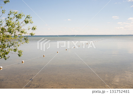 Calm lake scene with buoy line and clear skies 131752481