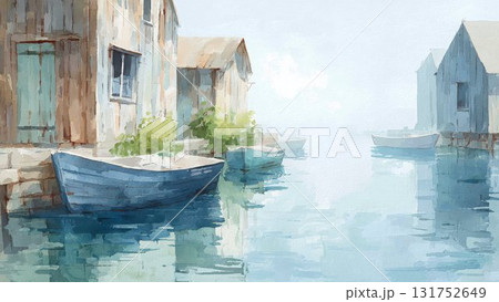 静かな港の家並みとボート 水彩風イラスト 背景素材 131752649
