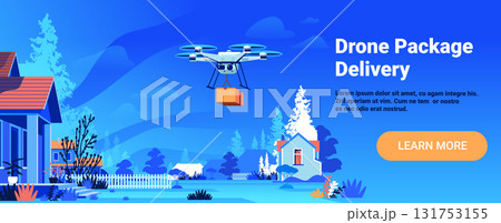 Drone package delivery flying over suburban neighborhood houses blue sky modern logistics technology concept banner 131753155
