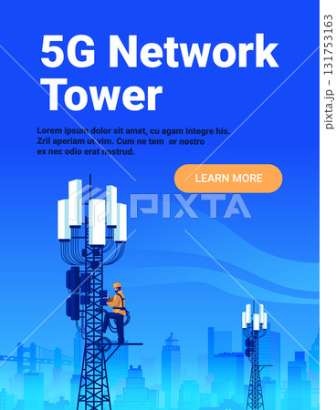 5G network tower engineer maintenance city skyline worker climbing telecommunication antenna blue background urban landscape banner 5G network tower engineer maintenance city skyline worker climbing telecommunication antenna blue background urban landscape banner 131753163