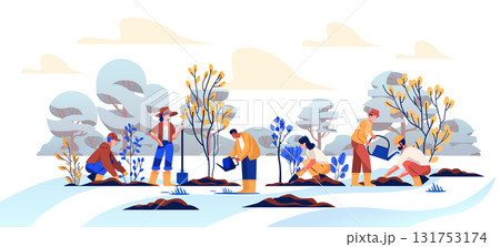 People planting trees environmental conservation teamwork diverse group gardening watering saplings nature outdoor landscape sustainable community project People planting trees environmental conservation teamwork diverse group gardening watering saplings nature outdoor landscape sustainable community project 131753174