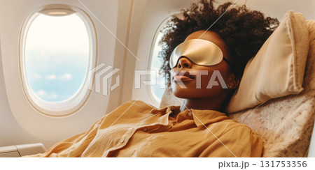 Woman sleeping on airplane with eye mask, relaxed travel concept 131753356