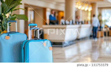 Suitcases in hotel lobby illustrating travel and vacation concept Suitcases in hotel lobby illustrating travel and vacation concept 131753379