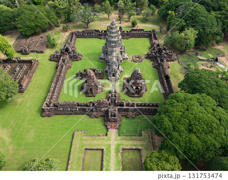 Drone shot the aerial view of Phimai Historical Park. the ancient stone temple Nakhon Ratchasima, Thailand Drone shot the aerial view of Phimai Historical Park. the ancient stone temple Nakhon Ratchasima, Thailand 131753474