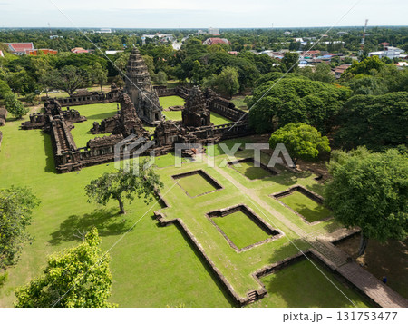 Drone shot the aerial view of Phimai Historical Park. the ancient stone temple Nakhon Ratchasima, Thailand 131753477