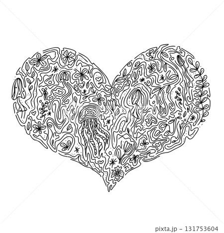 Silhouette of heart lace flowers, leaves, mushrooms, dots, monograms ink graphic. Vector graphic illustration Silhouette of heart lace flowers, leaves, mushrooms, dots, monograms ink graphic. Vector graphic illustration 131753604