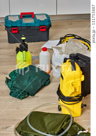 products and equipment prepared for cleaning air conditioner, cleaning kit 131753887