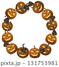 Helloween wreath design template print with orange pumpkin, raven and broom. Watercolor Halloween illustration. October harvest background. Organic vegetable garden food. Nature design. Fall season. 131753981