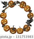 Helloween wreath design template print with orange pumpkin, raven and broom. Watercolor Halloween illustration. October harvest background. Organic vegetable garden food. Nature design. Fall season. 131753983