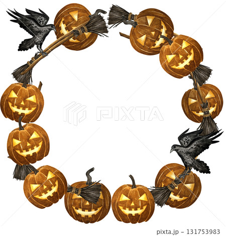 Helloween wreath design template print with orange pumpkin, raven and broom. Watercolor Halloween illustration. October harvest background. Organic vegetable garden food. Nature design. Fall season. Helloween wreath design template print with orange pumpkin, raven and broom. Watercolor Halloween illustration. October harvest background. Organic vegetable garden food. Nature design. Fall season. 131753983