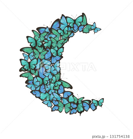 Moon with delicate blue, green and turquoise butterflies. Watercolor digital illustration Moon with delicate blue, green and turquoise butterflies. Watercolor digital illustration 131754138