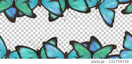 Turquoise, blue and green butterflies, gentle, airy, flying. Watercolor digital illustration.Seamless border on a white background 131754139
