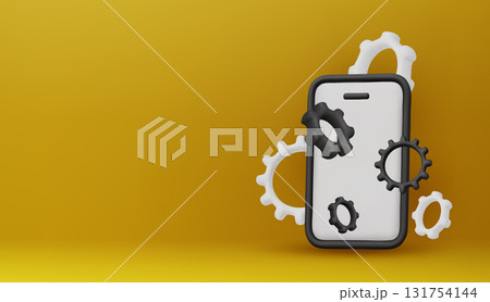 Creative 3D illustration of a smartphone with gear wheels. Concept for settings, app development, mobile optimization, and modern technology solutions. Creative 3D illustration of a smartphone with gear wheels. Concept for settings, app development, mobile optimization, and modern technology solutions. 131754144