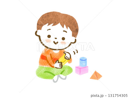 積み木で遊ぶ男の子の手描きイラスト 131754305