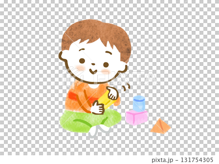 積み木で遊ぶ男の子の手描きイラスト 131754305