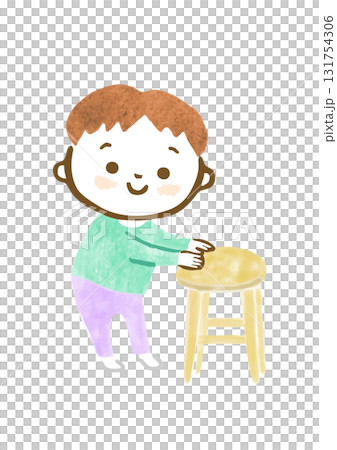 つかまり立ちする男の子の手描きイラスト 131754306