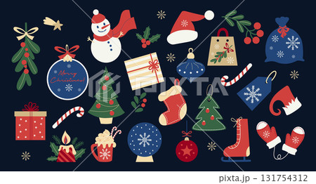 Cute Christmas sticker set with holiday decoration. Xmas ball, New Year gift, snowman, tree, skates, hot cocoa and mistletoe, holly, Santa hat, mittens and candle. Isolated Vector illustration. Not AI Cute Christmas sticker set with holiday decoration. Xmas ball, New Year gift, snowman, tree, skates, hot cocoa and mistletoe, holly, Santa hat, mittens and candle. Isolated Vector illustration. Not AI 131754312