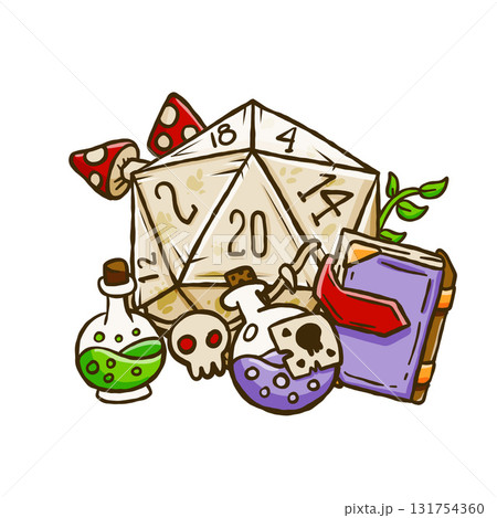 Fantasy magic dice. D20 sorcerer with potion and book. Dnd wizard design, wizard role play game. Cartoon strategy sticker 131754360