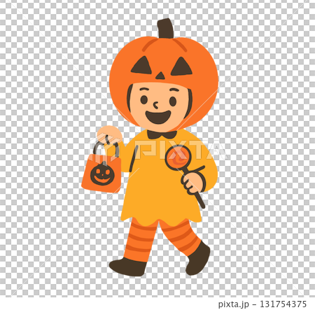 Illustration of a child wearing a pumpkin costume 131754375