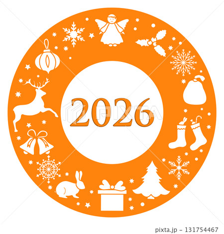 Christmas 2026 orange circular design with holiday symbols and central text background 131754467