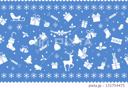 Christmas holiday pattern with white icons on blue background, including gifts and snowflakes 131754475