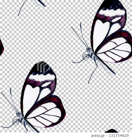 Elegant black and white butterfly with violet details. Hand-painted watercolor seamless pattern isolated on white. Perfect for nature designs, stationery, fabric, packaging, and botanical projects 131754629
