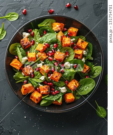 Fresh spinach salad with roasted sweet potatoes, pomegranate seeds, and crumbled feta cheese, a vibrant and healthy dish perfect for fall or holiday meals Fresh spinach salad with roasted sweet potatoes, pomegranate seeds, and crumbled feta cheese, a vibrant and healthy dish perfect for fall or holiday meals 131754781