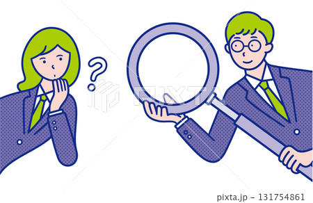 虫眼鏡を持っている男子学生と疑問を感じている女子学生が横からひょっこり出ているイメージのイラスト素材 131754861