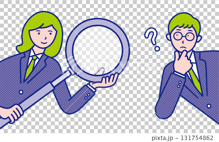 虫眼鏡を持っている女子学生と疑問を感じている男子学生が横からひょっこり出ているイメージのイラスト素材 131754862