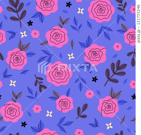 Seamless pattern with pink roses on a blue background. Vector graphics. Seamless pattern with pink roses on a blue background. Vector graphics. 131755246