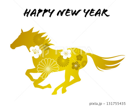 午年の年賀状素材　馬のシルエットと伝統模様 131755435