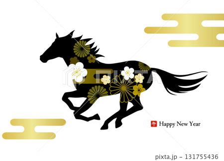 午年の年賀状素材 馬のシルエットと伝統模様 午年の年賀状素材 馬のシルエットと伝統模様 131755436