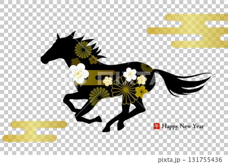 午年の年賀状素材 馬のシルエットと伝統模様 午年の年賀状素材 馬のシルエットと伝統模様 131755436