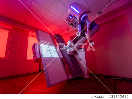 X-ray room in a hospital. Classic ceiling-mounted x-ray system. X-ray room in a hospital. Classic ceiling-mounted x-ray system. 131755452