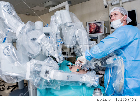 Modern surgical system. Medical robot. Minimally invasive robotic surgery. Modern surgical system. Medical robot. Minimally invasive robotic surgery. 131755458