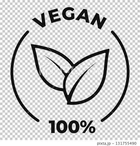 Vegan 100 icon. Vegan certified label. Ecological vector illustration for product packaging logo, sign, symbol or emblem. Vegan 100 icon. Vegan certified label. Ecological vector illustration for product packaging logo, sign, symbol or emblem. 131755490